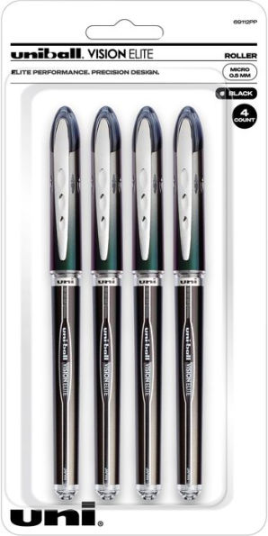 uniball Vision Elite Rollerball Pens, Micro Point (0.5mm), Black, 4 Pack