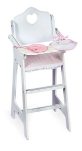 Title: White Doll High Chair, Pink Gingham, Plate/Bib/Spoon