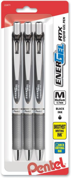 EnerGel RTX Retractable Liquid Gel Pen, (0.7mm) Metal Tip, Medium Line, Black Ink 3-Pk