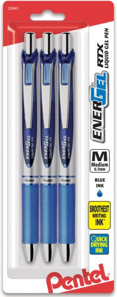 EnerGel RTX Retractable Liquid Gel Pen, (0.7mm) Metal Tip, Medium Line, Blue Ink 3-Pk