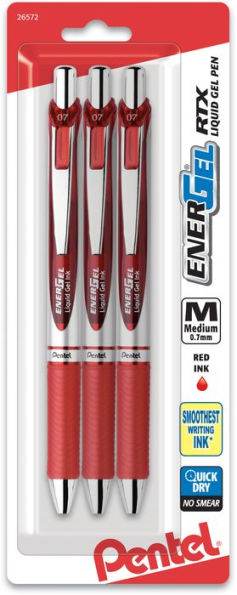 EnerGel RTX Retractable Liquid Gel Pen, (0.7mm) Metal Tip, Medium Line, Red Ink 3-Pk