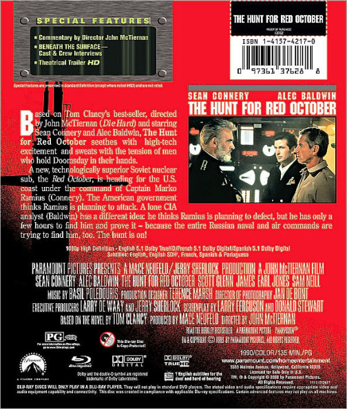  The Hunt for Red October [Blu-ray] : Sean Connery, Alec  Baldwin, Sam Neill, Vlado Benden, Michael George Benko, George H. Billy,  Louise Borras, Robert Buckingham, Timothy Carhart, Tim Curry, Arthur  Cybulski