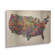 Title: Michael Tompsett 'US Cities Text Map VI' Floating Brushed Aluminum Art