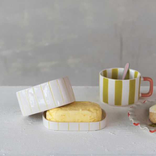 Stoneware Butter Dish w Stripes