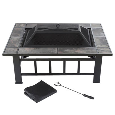 Fire Pit Set Wood Burning Pit With Spark Screen Cover And Log