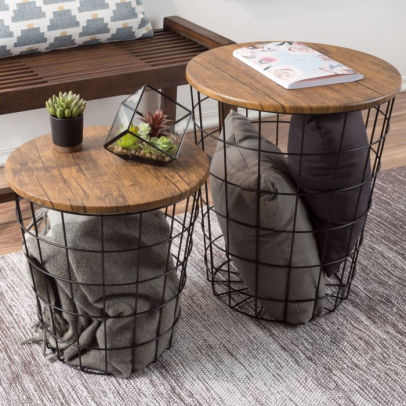 Nesting End Tables With Storage Set Of 2 Convertible Round Metal Basket Veneer Wood Top Accent Side Tables For Home And Office By Lavish Home Black By Trademark Global Barnes Noble