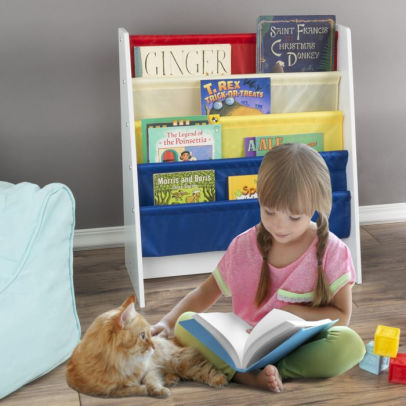Kids Bookshelf Storage Rack With Colorful Fabric Sling Shelves