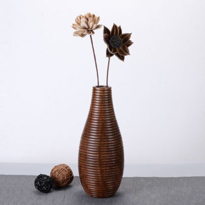 Sustainable Wood Decorative Carved Lines Faux Flower Planter Eco-Friendly Villacera Handmade 14 Tall Bottle Mango Brown Round Ripple Vase