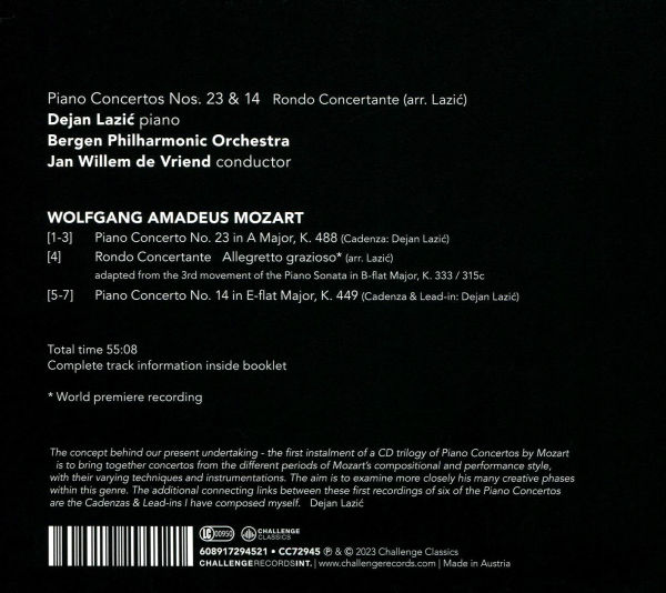 Wolfgang Amadeus Mozart: Piano Concertos Nos. 23 & 14; Rondo Concertante (arr. Lazic)