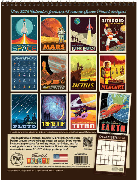 2026 Space Travel Vintage Art Wall Calendar
