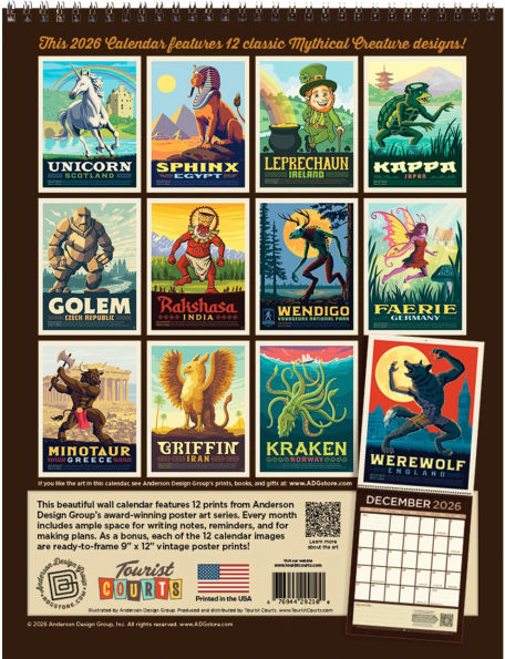 2026 Mythical Creatures Vintage Art Wall Calendar