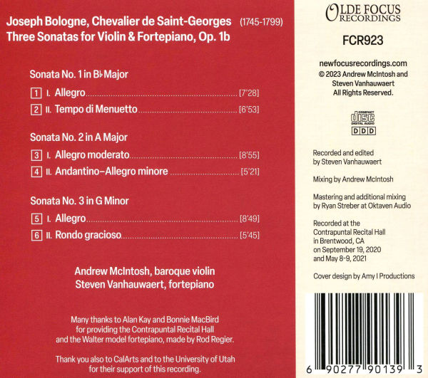 Joseph Bologne, Chevalier de Saint-Georges: Three Sonatas for Violin & Fortepiano, Op. 1b