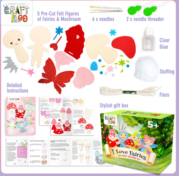 Fairy Sewing Kits for Little Girls ¿ 5 Easy Projects for Children & Beginners - Make Your Own Felt Pillow & Plush Craft Kit - My First Sewing Kit for Kids