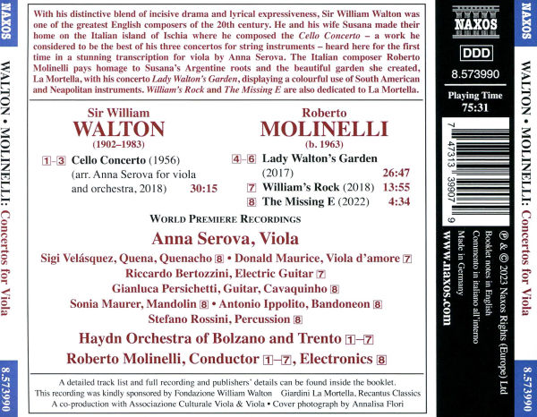 Walton: Cello Concerto (arr. For Viola); Molinelli: Viola Concerto 'Lady Walton's Garden'