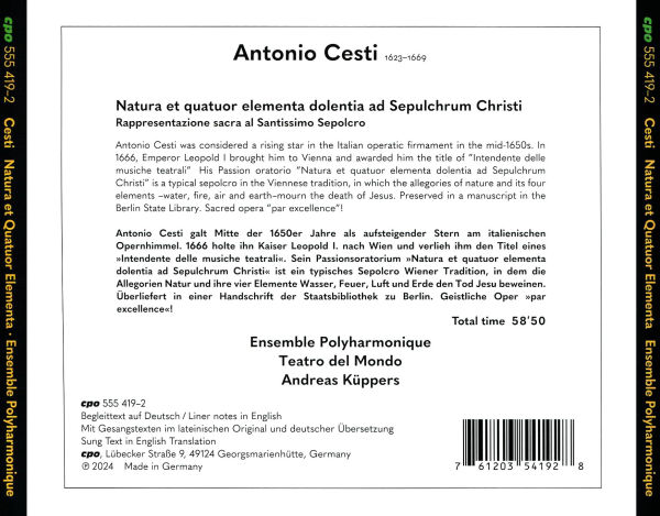 Antonio Cesti: Natura et quatuor elementa dolentia ad Sepulchrum Christi