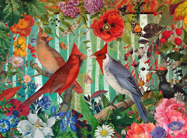 Cardinals Woodpeckers and Birch Trees 1000 Piece Puzzle