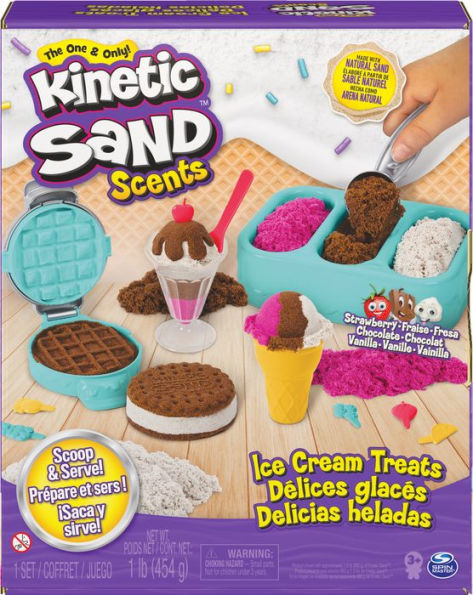 Kinetic Sand Scents, Ice Cream Treats Playset with 3 Colors of All-Natural Scented Play Sand and 6 Serving Tools, Sensory Toys for Kids Ages 3 and up