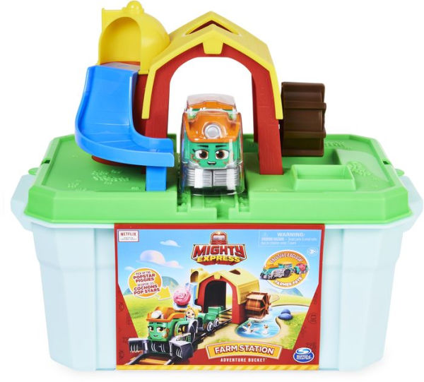 Mighty Express, Farm Station Adventure Bucket and 11-Piece Train Track Set with Exclusive Farmer Faye Toy Train