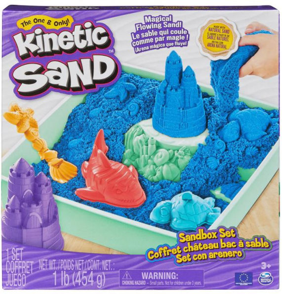 Kinetic Sand Sandbox Set, 1lb Blue Play Sand, Sandbox Storage, 4 Molds and Tools, Sensory Toys for Kids Ages 3+