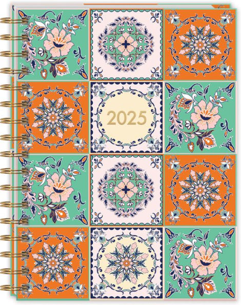 2025 Portuguese Tiles Softcover Spiral 17-Month Monthly Planner with Pockets