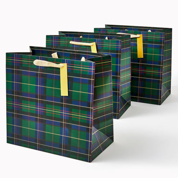 Holiday Plaid Large Green Gift Bag Set