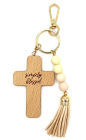Wooden Cross Keyring with Tassel and Beads