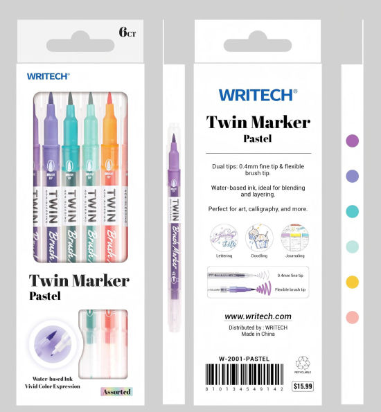 Pastel Twin Brush Fineliner S/6 - Assorted Ink