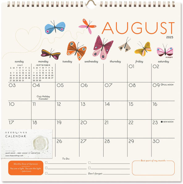 2025-2026 Seedlings Butterfly Kisses 17 Month Grid Wall Calendar