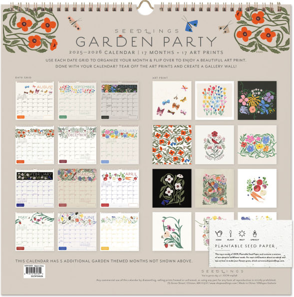 2025-2026 Seedlings Butterfly Kisses 17 Month Grid Wall Calendar