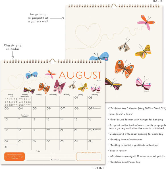 2025-2026 Seedlings Butterfly Kisses 17 Month Grid Wall Calendar