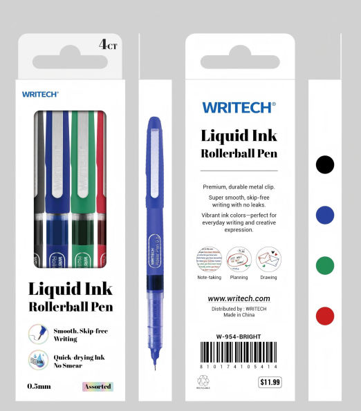 Bright Liquid Rollerball Pen S/4 - Assorted Ink
