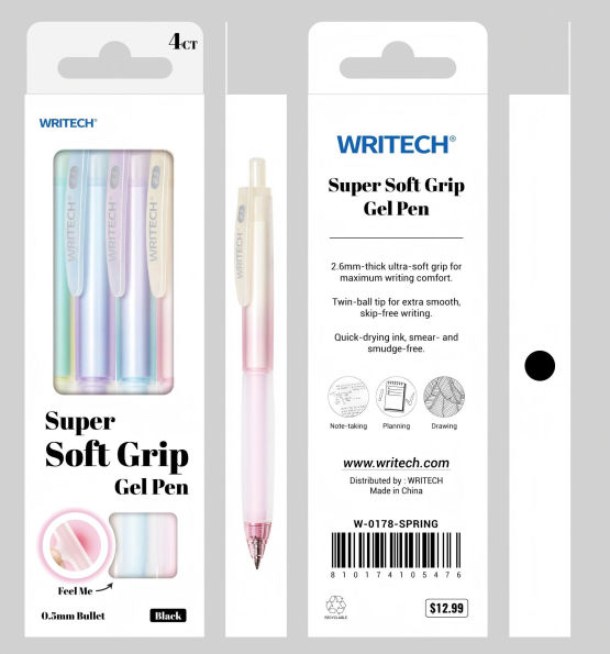 Super Soft Grip Spring Gel Pen S/4 - Black Ink