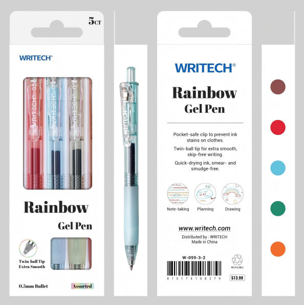 Clear Spice Rainbow Gel Pen S/5 - Assorted Ink