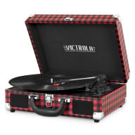 Title: Portable Victrola Suitcase Record Player with Bluetooth and 3 Speed Turntable, Plaid Print