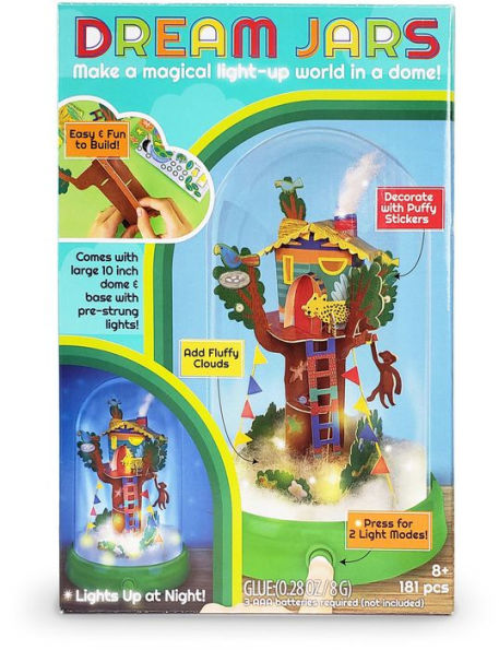 Photo 2 of Dream Jars Jungle Treehouse DIY Globe Toy Set. Includes DIY treehouse globe and stickers. Requires three AAA batteries (not included). Foldable paper shapes with self-stick tabs. Two LED light modes: solid and slow pulse. 15-minute auto-shutoff. Imported