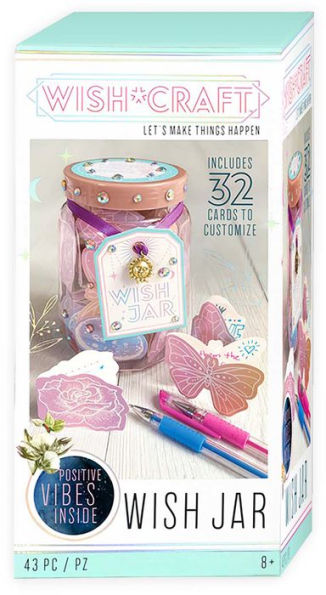 Photo 1 of Wish*Craft Wish Jar Kit  Wish Jar comes complete with 32 printed folded cards, 2 gel pens, sticker sheet, sticky gem sheet, cardboard tag, metal sun charm, ribbon, jump ring and instruction