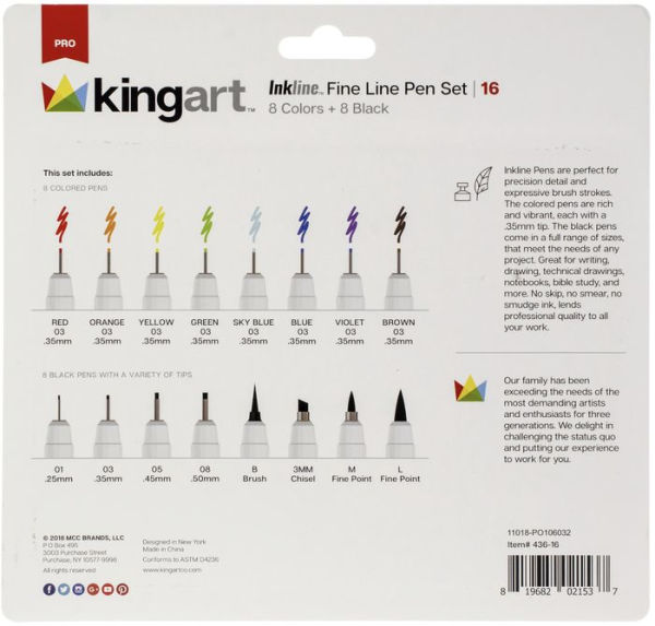 KINGART Inkline Fine Line Archival Ink Pens Set of 16