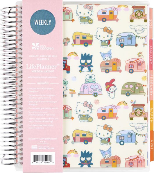 2024 Hello Kitty Happy Campers LifePlanner (January-December) with Hello Kitty Theme Throughout by Erin Condren - Spiral Weekly Planner (Vertical Layout), Monthly Calendar & Journal