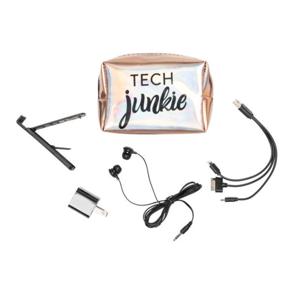 Rose Gold Tech Junkie Kit - Includes: Earbuds, Universal Charger, Wall Charging Hub, Phone Stand.