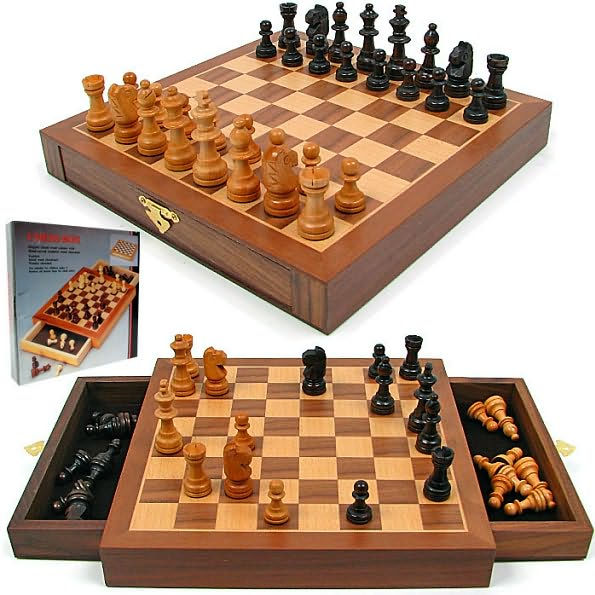 Inlaid Walnut style Wood Cabinet with Staunton Wood Chessmen