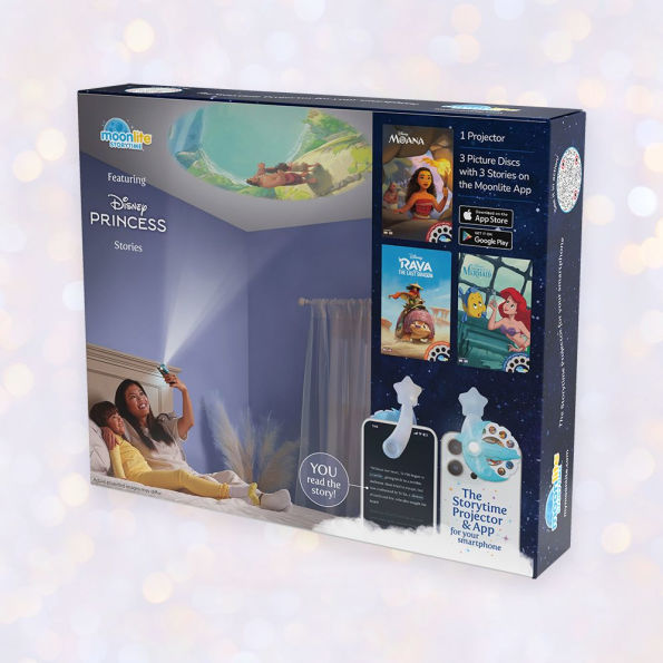 Disney Princess 3 Story Projector Pack. Includes a Moonlite Projector and 3 Disney Princess stories. Each story contains a picture disc and activation code to download the content onto your smart device.Stories Included: The Little Mermaid 	Raya and The L