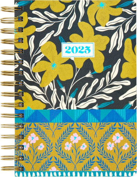 2024-2025 Paper Source Chartreuse Floral Patchwork 12-Month Daily Faux Leather Spiral Planner. July 2024- June 2025.