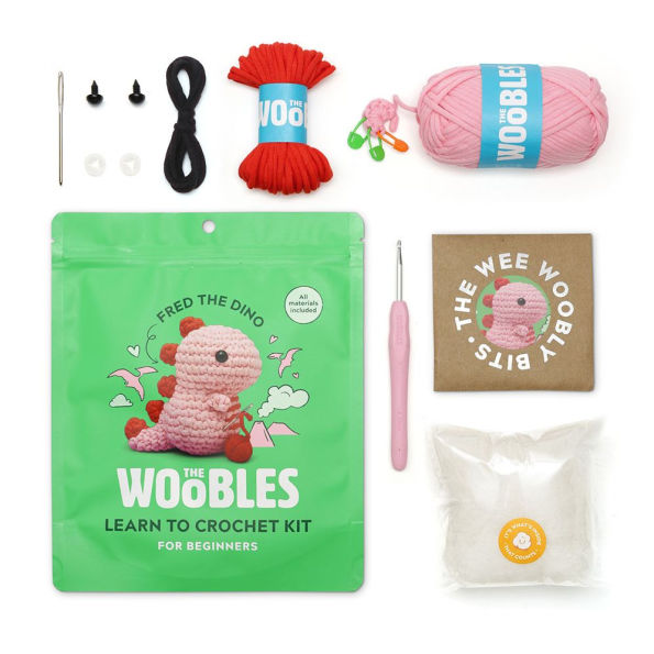 Pink Fred the Dinosaur, The Woobles Beginner Crochet Kit