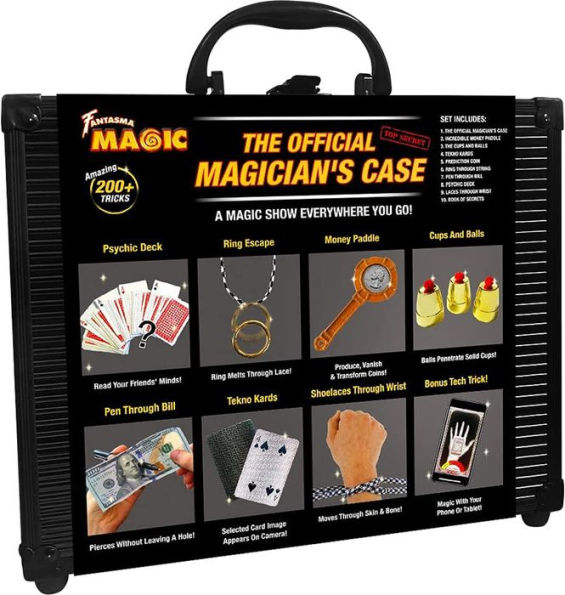 THE OFFICIAL MAGICIANS CASE Includes 200+ Tricks. With Black Carrying Case, Gold Chrome Cups, Ring on String, Pen Thru Bill & More.