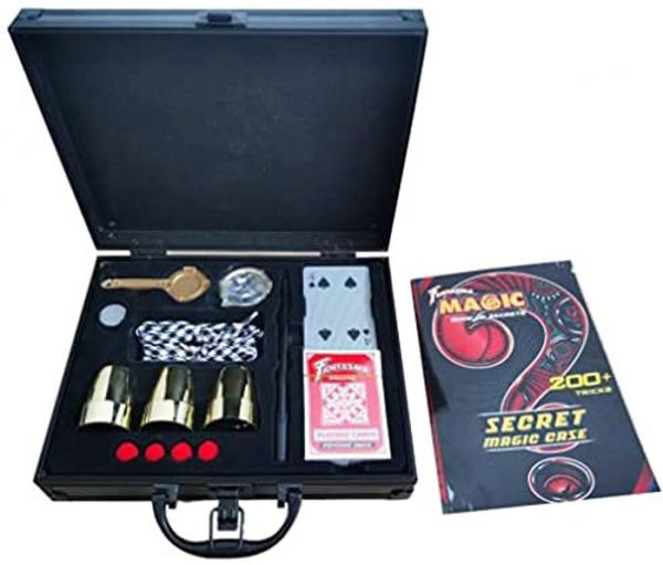 THE OFFICIAL MAGICIANS CASE Includes 200+ Tricks. With Black Carrying Case, Gold Chrome Cups, Ring on String, Pen Thru Bill & More.