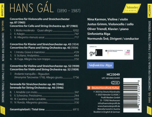 Hans Gál: Concertinos for Violin, Cello, Piano; String Serenade