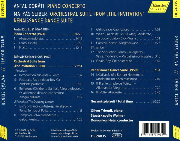 Antal Doráti: Piano Concerto; Mátyás Seiber: Orchestral Suite from The Invitation; Renaissance Dance