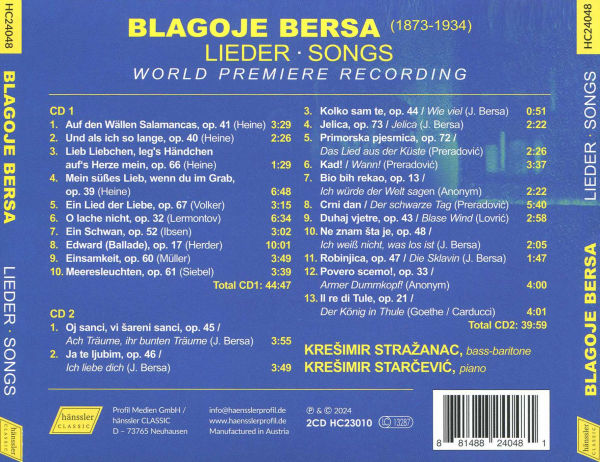 Blagoje Bersa: Lieder Songs