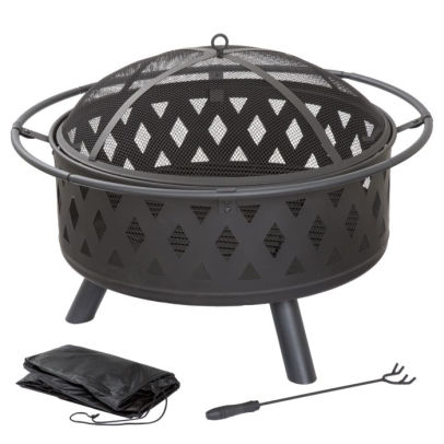 Fire Pit Set Wood Burning Pit With Spark Screen Cover And Log