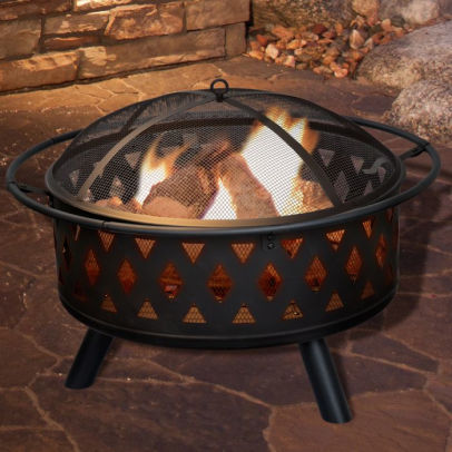 Fire Pit Set Wood Burning Pit With Spark Screen Cover And Log